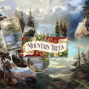 Mountain Trees Vintage Landscape Ephemera, Antique Alpine Scenery & Forest, Romantic Nature Art, Wilderness Scenic Vistas for Junk Journals