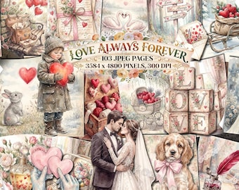 Páginas de Diário de Arte com a Frase "AMOR PARA SEMPRE", Papéis Românticos, Lembranças Vintage de Dia dos Namorados, Arte Digital Vitoriana de Amor, Imprimíveis Florais com Corações para Casamento