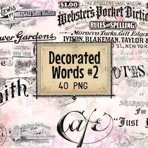 May include: A collection of 40 vintage-style decorative words in black and white, with a title that reads "Decorated Words #2". The words are set against a background of pink and white floral patterns.