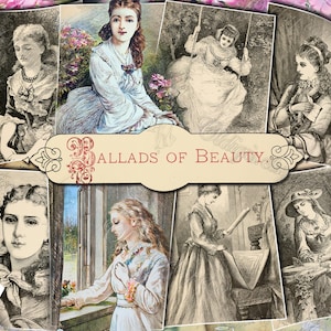 Baladas de belleza: conjunto de 39 ilustraciones antiguas de imágenes de libros antiguos, páginas de 8,5 x 11, papeles digitales, hojas de tarjetas ATC para diario