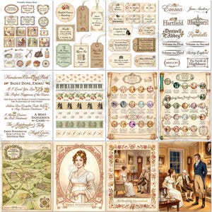 May include: A collection of printable sticker sheets featuring Jane Austen's Emma themes. The sheets include vintage-style labels, tags, character portraits, a map of Highbury, and scenes of people in period clothing with decorative floral borders and text.
