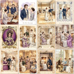 May include: A collection of twelve illustrated scenes depicting characters in Regency-era attire, featuring various social gatherings, ballroom settings, and interior domestic moments with ornate decorative borders and text captions.