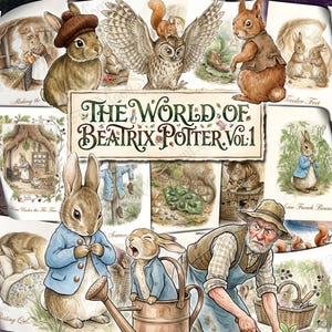 May include: A collage of Beatrix Potter illustrations featuring rabbits, an owl, and a gardener, with the text The World of Beatrix Potter Vol. 1 centered. The artwork includes various scenes of animals in nature, a watering can, and a basket of berries.