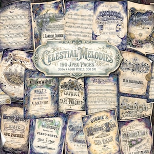 Può includere: Una collezione di copertine di spartiti vintage con disegni ornati e testo scritto a mano. Le copertine presentano titoli come "Celestial Melodies", "Morning's Dawn" e "Aurora". La tavolozza dei colori include blu, viola e crema, creando un'estetica nostalgica.