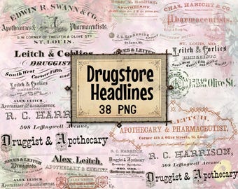 May include: A collection of 38 vintage-style digital graphics featuring text from old drugstore advertisements. The graphics are in a pink, green, and white color scheme and feature text such as "Druggist & Apothecary", "Apothecary & Pharmaceutist", and "Leitch & Carlies".
