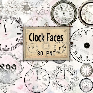 Puede incluir: Una colección de esferas de reloj vintage en varios estilos, incluyendo números romanos y diales analógicos. La imagen presenta una variedad de diseños de relojes, con el texto "Clock Faces 30 PNG" en el centro. Los relojes son en blanco y negro.