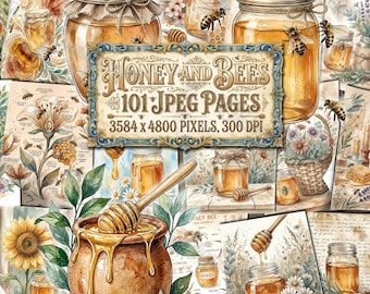 Páginas de diario de recortes de miel y abejas, efímeros de abejas, páginas de abejas melíferas, kit imprimible vintage, abejorro en panal, acuarela imprimible de la naturaleza