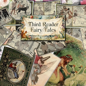 Third Reader Fairy Tales Junk Journal Pages, Digital Scrapbook Paper, Printable Collage Sheet, Vintage Ephemera, ATC Cards, Mother Goose