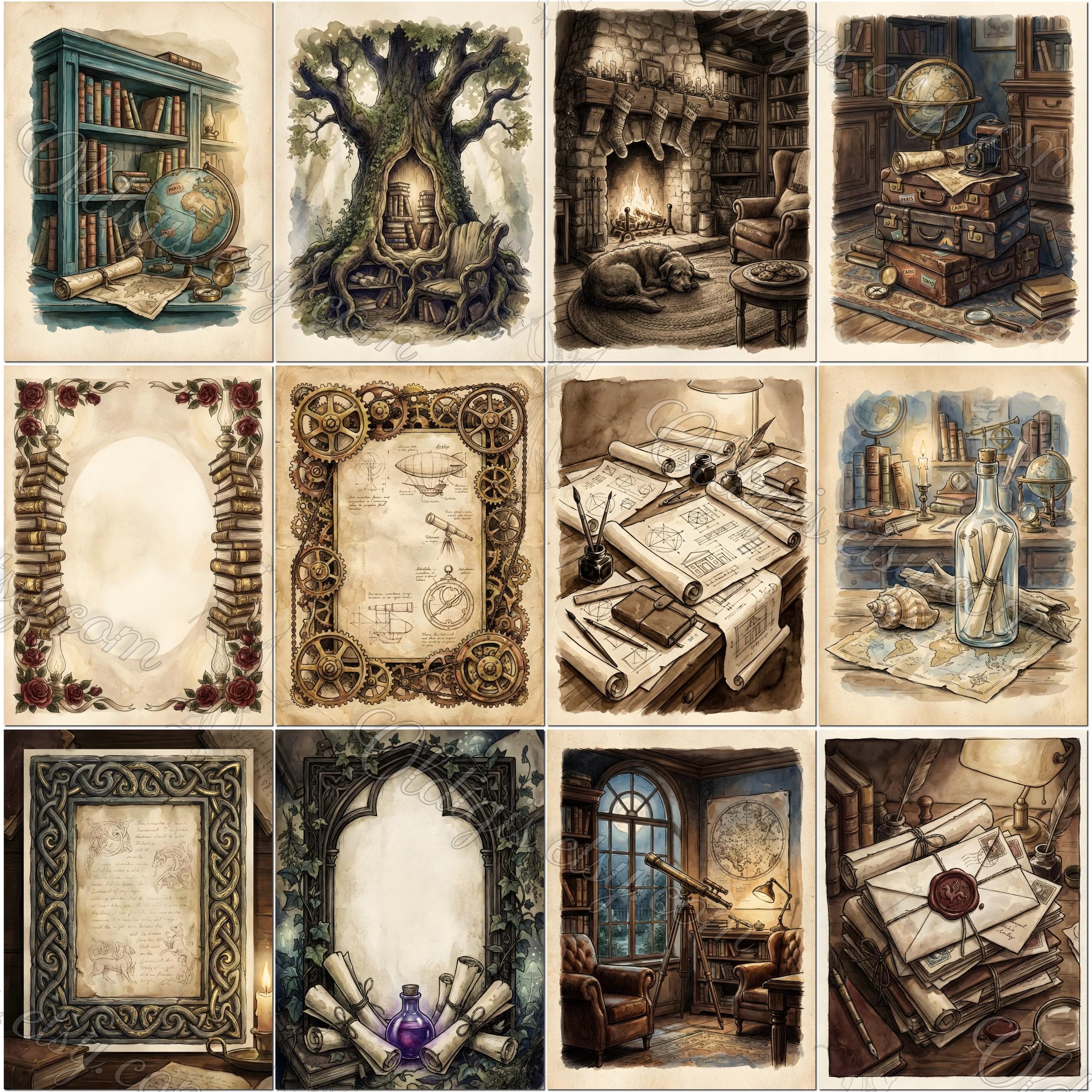 OLD LIBRARY BOOK Junk Journal Kit, Vintage Bookshelf, Ornate Journaling ...