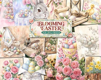 BLOOMING EASTER Junk Journal Pages, Pastel Spring Floral Clipart, Shabby Chic Bunny & Eggs Digital Paper, Cottagecore Garden Boho Scrapbook