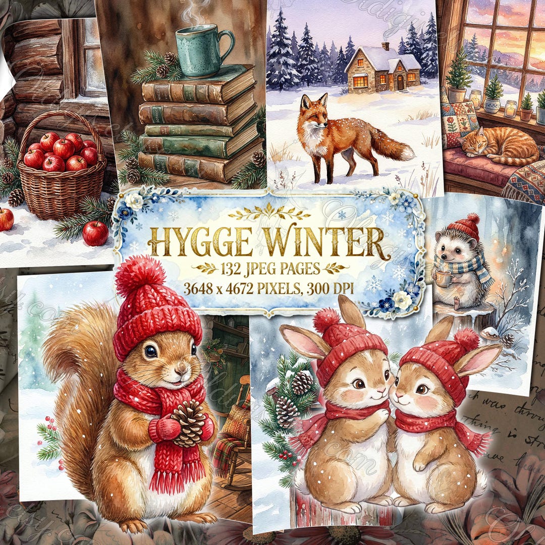 HYGGE WINTER Junk Journal Pages, Watercolor Winter, Cozy Rustic Snow ...
