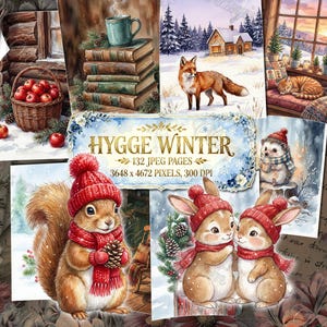 HYGGE WINTER Junk Journal Pages, Watercolor Winter, Cozy Rustic Snow Scenery, Woodland Animals, Vintage Ephemera, Printable Scrapbook Papers