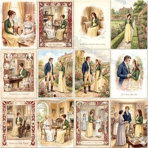 May include: A collection of twelve illustrated cards featuring Regency-era scenes with figures in period clothing, including dresses, waistcoats, and tailcoats. The artwork depicts various indoor and outdoor settings with ornate decorative borders.