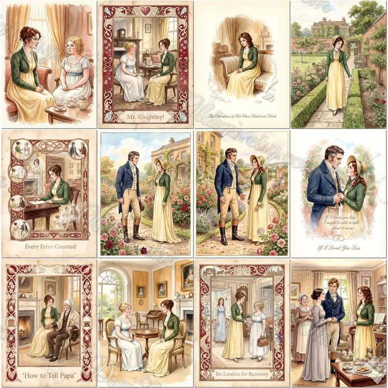 May include: A collection of twelve illustrated cards featuring Regency-era scenes with figures in period clothing, including dresses, waistcoats, and tailcoats. The artwork depicts various indoor and outdoor settings with ornate decorative borders.