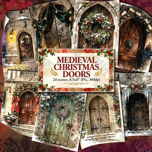 PORTE DI NATALE MEDIEVALI Clipart ad acquerello, ingressi di cottage innevati in stile fantasy invernale, sfondi per junk journal, materiale effimero vintage, età oscura