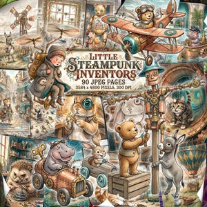 May include: A collage of whimsical illustrations featuring steampunk-themed animals and inventions. The central image displays the text "Little Steampunk Inventors" with details of the included JPEG pages, resolution, and DPI.