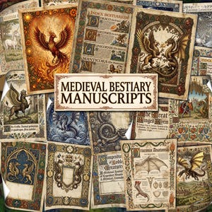 Peut inclure: Une collection de pages style parchemin présentant des manuscrits de bestiaires médiévaux avec des illustrations de dragons, griffons et licornes. Le texte central indique MEDIEVAL BESTIARY MANUSCRIPTS, entouré de bordures complexes, d'écritures latines et de diagrammes anatomiques détaillés.