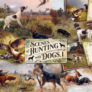 Escenas de caza con perros #1: Papeles digitales vintage, antiguos ejemplares de caza deportiva, pointers, setters y sabuesos, escenas clásicas de vida silvestre, diario basura