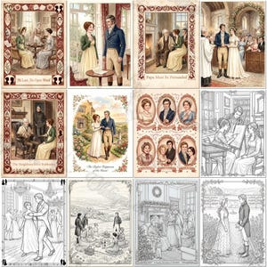 May include: A collection of twelve illustrated panels depicting scenes from Jane Austen novels, featuring characters in period attire, interior settings, and outdoor landscapes, with some panels including decorative borders and text captions.