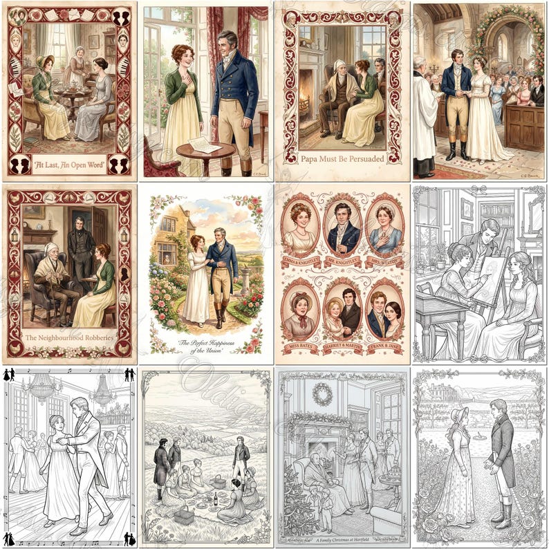May include: A collection of twelve illustrated panels depicting scenes from Jane Austen novels, featuring characters in period attire, interior settings, and outdoor landscapes, with some panels including decorative borders and text captions.