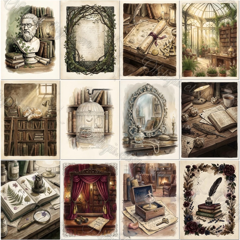 OLD LIBRARY BOOK Junk Journal Kit, Vintage Bookshelf, Ornate Journaling ...