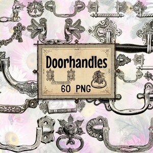 May include: A collection of various silver-toned metal drawer pulls and door handles featuring intricate embossed patterns and shapes. A central rectangular sign displays the text Doorhandles 60 PNG in black lettering on a beige background.