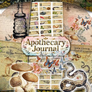 Kit de papel digital vintage para diario de boticario, efímeras de farmacia antiguas, fondos médicos grunge, etiquetas botánicas de veneno de bruja y serpiente