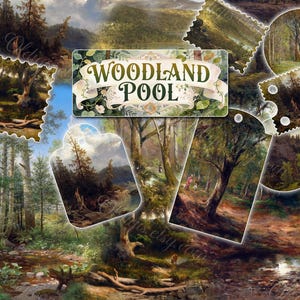 Woodland Pool Vintage Landscape Digital Papers, Classical Nature Oil Painting Ephemera, Antique Forest & Mountain Scenery for Junk Journals