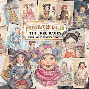 Patchwork Dolls Junk Journal Kit, grunge afdrukbare digitale ephemera, spooky gothic, grillige verhalenboek meisje clipart, vintage shabby chic