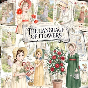 Op de afbeelding: Een collage van illustraties in vintage-stijl met kinderen in historische kleding en bloemen. Een centrale banner toont de tekst THE LANGUAGE OF FLOWERS. Het kunstwerk bevat diverse scènes met tuinen en bloemen in potten.