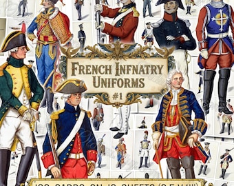 Tarjetas digitales de uniformes de infantería francesa n.° 1, ilustraciones antiguas de historia militar, imágenes de soldados napoleónicos, efímeras del siglo XVIII