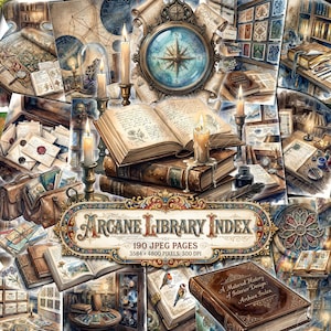 May include: A collage of vintage library elements, including open books, scrolls, a compass, and lit candles. The central focus is a sign that reads "Arcane Library Index" with the text "190 JPEG PAGES 3584 x 4800 PIXELS, 300 DPI". A book titled "A Maternal History of Interior Design Archive Index" is also visible.