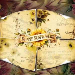 Sonnige Sonnenblumen Vintage digitale Papiere, antike französische Handschrift, botanische Garten-Ephemera, gealterte Grunged-Blumenhintergründe