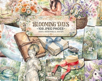 BLOOMING DAYS Junk Journal Pages, Spring Garden Ephemera, Scrapbook Papers, Cottagecore Digital, Floral Vintage Summer Rustic Nature Scenery