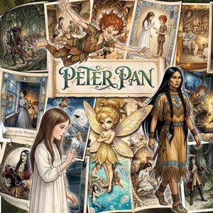 Op de afbeelding: Een collage van Peter Pan-illustraties met de titeltekst Peter Pan, een vliegende jongen in bladkleding, een fee met iriserende vleugels, een meisje in een wit nachthemd en een persoon in een beige outfit met franjes en gevlochten haar.