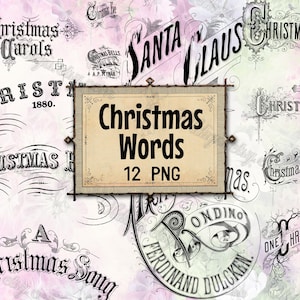 Può includere: Un download digitale di 12 grafiche di parole natalizie in stile vintage in bianco e nero. Le grafiche presentano una varietà di parole e frasi festive, tra cui "Christmas Carols", "Santa Claus", "Christmas Eve" e "Christmas Lullaby".