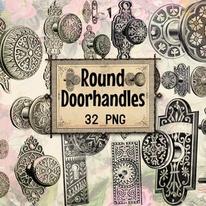 May include: An assortment of vintage round door handles in black and white, with intricate floral and geometric designs. The image includes a sign that reads "Round Doorhandles 32 PNG".