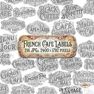 Etiquetas de café francesas, palabras antiguas de panadería parisina, tipografía digital vintage, imágenes prediseñadas de menús ornamentados, efímeros para diarios creativos, suministros para álbumes de recortes
