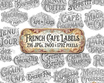 FRENCH CAFE LABELS, Antique Parisian Bakery Words, Vintage Digital Typography, Ornate Menu Clip Art, Junk Journal Ephemera, Scrapbook Supply