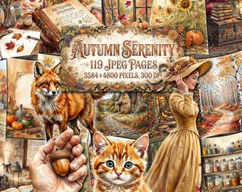 AUTUMN SERENITY Junk Journal Papers, Vintage Fall Journal, Vintage Page, Victorian Ephemera, Autumn Junk Journal Pages, Orange Pumpkins, Fox