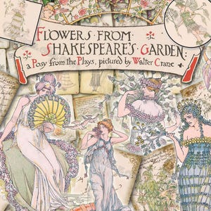 Flowers from Shakespeare's Garden Junk Journal Pages, Poetic Elizabethan, Walter Crane, Pastel Palette, Floral Fairies, Vintage Ephemera