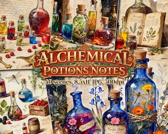 ALCHEMICAL POTIONS NOTES Junk Journal Pages & Digital Paper, Apothecary Potion Bottles, Grimoire/bos Printable, Vintage Printable Ephemera