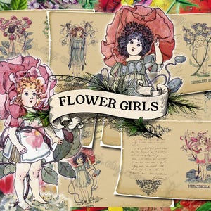Niñas de las flores: conjunto de 44 hojas de diario basura con collages digitales de niños de estilo vintage, página en blanco para registros, texto escrito a mano