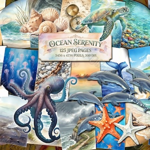 Ocean Serenity Junk Journal Pages, Blue Seaside Coastal Beach Printable Ephemera Paper, Sand Landscapes Background, Sea Underwater Animal