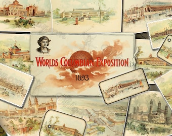 World's Columbian Exposition 1893 Digital Papers, Vintage Chicago Fair Watercolor Pages, Victorian Ephemera Antique Travel, Junk Journals