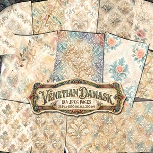 May include: A collection of watercolor-style Venetian Damask digital papers. The papers feature ornate floral and scroll patterns in soft pastel colors, including beige, blue, and pink. The image includes text that reads "Venetian Damask" and details about the number of pages and resolution.