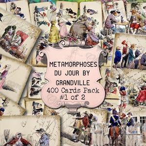 Metamorfosis del día de Grandville #1: conjunto de 40 imágenes en 400 tarjetas con ilustraciones antiguas, collage artístico A4, animales, cabezas, humanos.