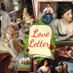Carta de amor: conjunto de 38 hojas de diario basura con collages de pinturas vintage digitales en formato JPG, descarga instantánea, imágenes imprimibles de una niña leyendo
