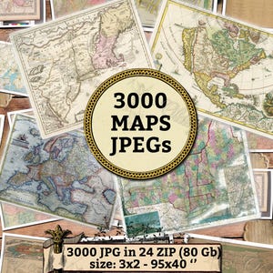 以下が含まれることがあります： 中央に「3000 MAPS JPEGS」と書かれた大きな円がある、ヴィンテージマップのコラージュ。円のすぐ下に「3000 JPG in 24 ZIP (80 Gb) size: 3x2 - 95x40」というテキストがあります