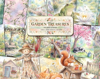 GARDEN TREASURES Junk Journal Pages, Gardener Printable, Book of Gardening, Digital Paper, Cottagecore Botanical, Whimsical Nature Landscape